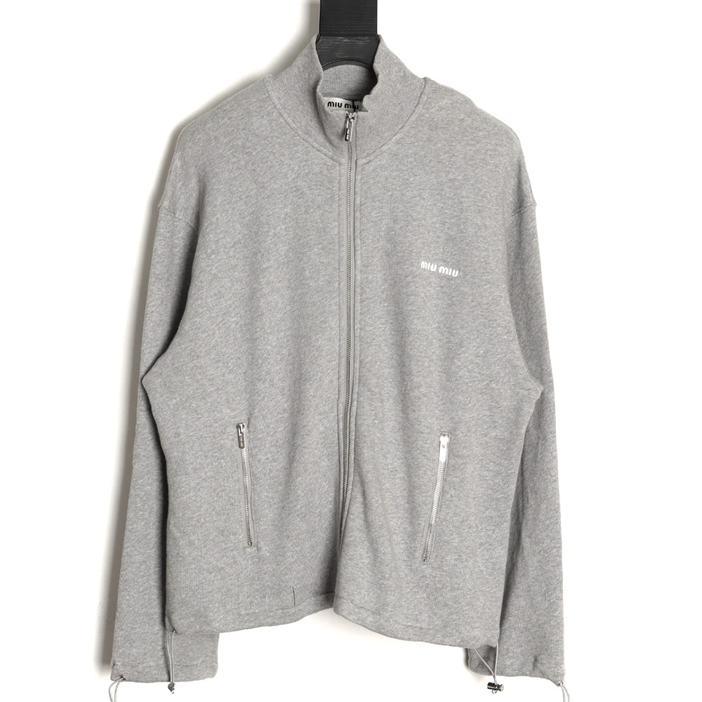 Miu Miu small embroidered zipper cotton and linen stand-up collar jacket