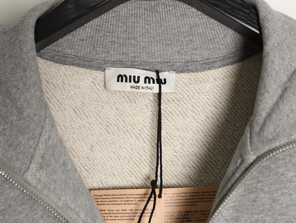 Miu Miu small embroidered zipper cotton and linen stand-up collar jacket