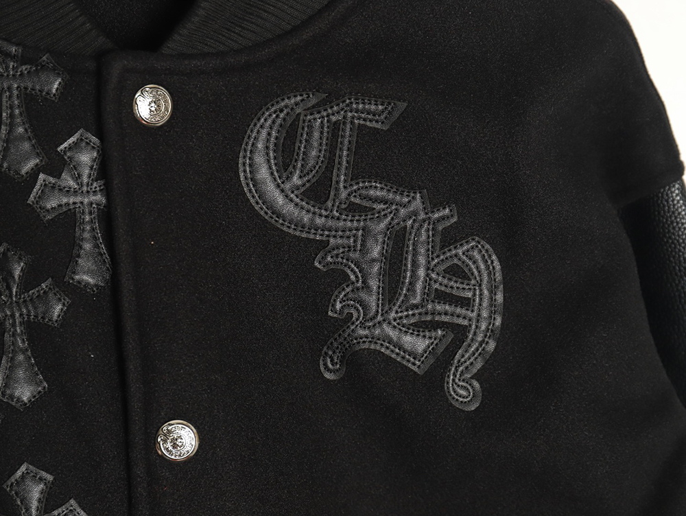 Ch**me He**ts cross-patch multi-label leather sleeve baseball jacket