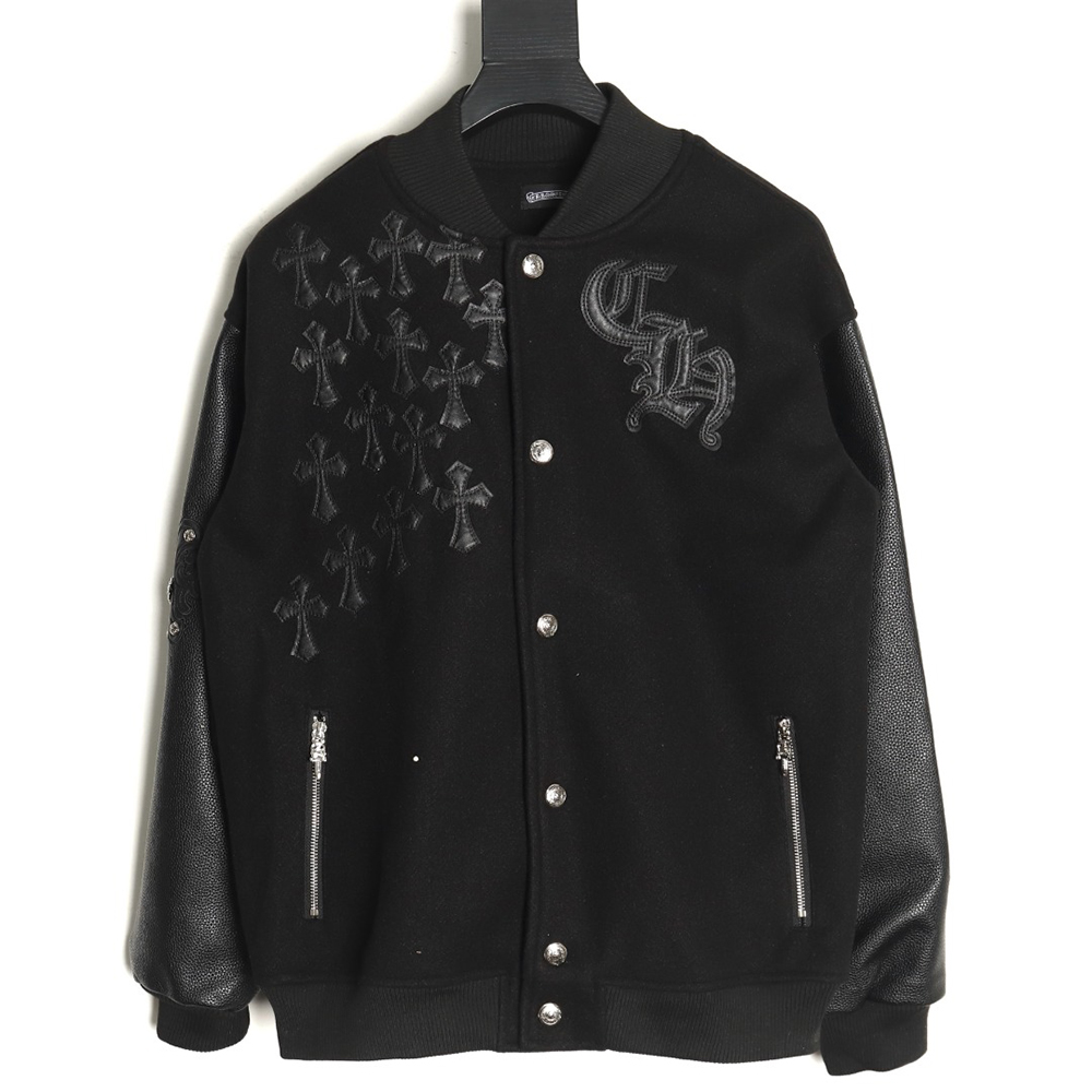 Ch**me He**ts cross-patch multi-label leather sleeve baseball jacket
