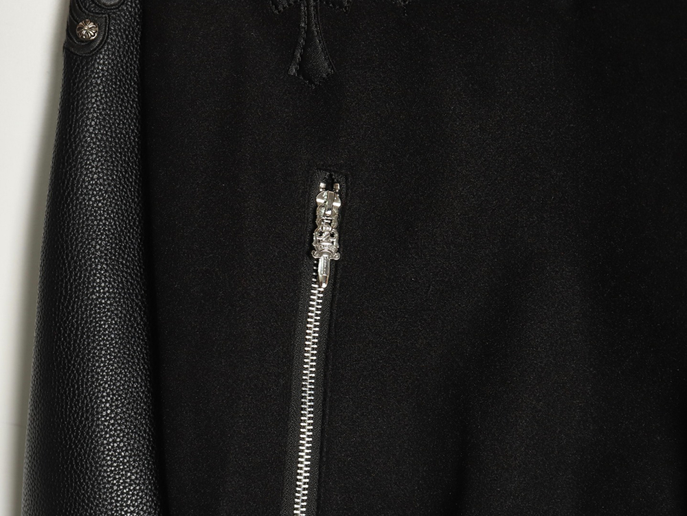 Ch**me He**ts cross-patch multi-label leather sleeve baseball jacket