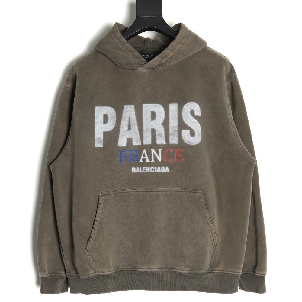 Ba*len*cia*ga "paris" letter print velvet hooded sweatshirt
