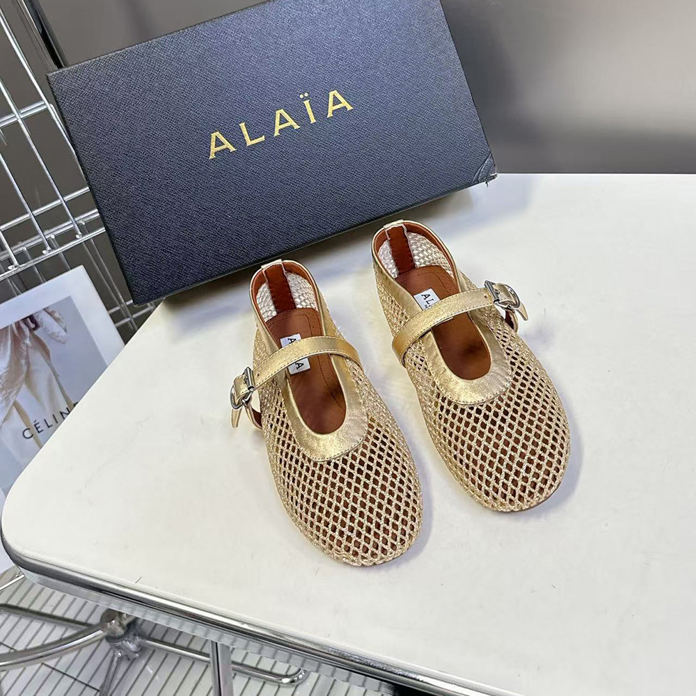 Alaia Buckle Strap Flats Fishnet Ballerina Flat Shoes