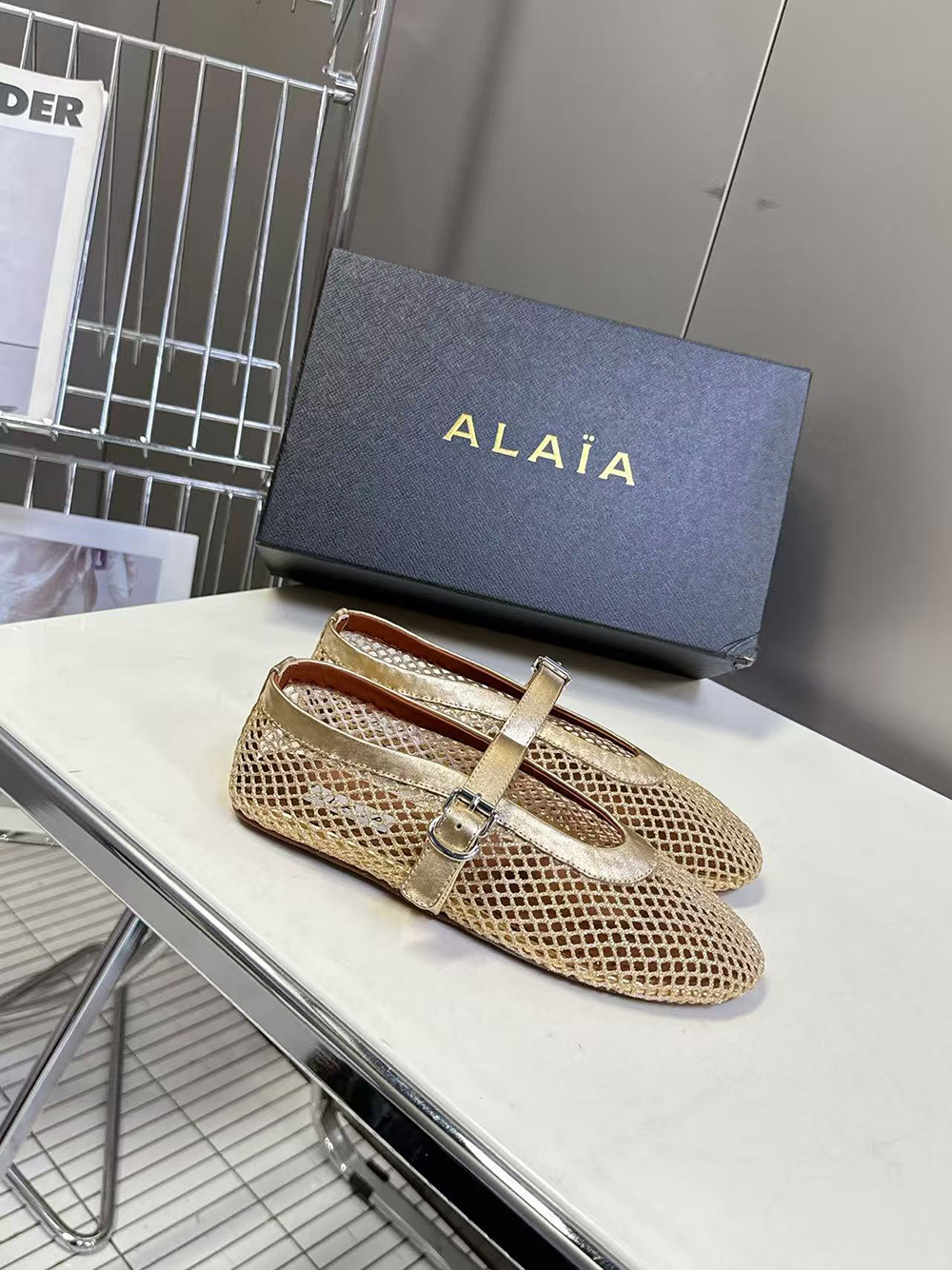 Alaia Buckle Strap Flats Fishnet Ballerina Flat Shoes