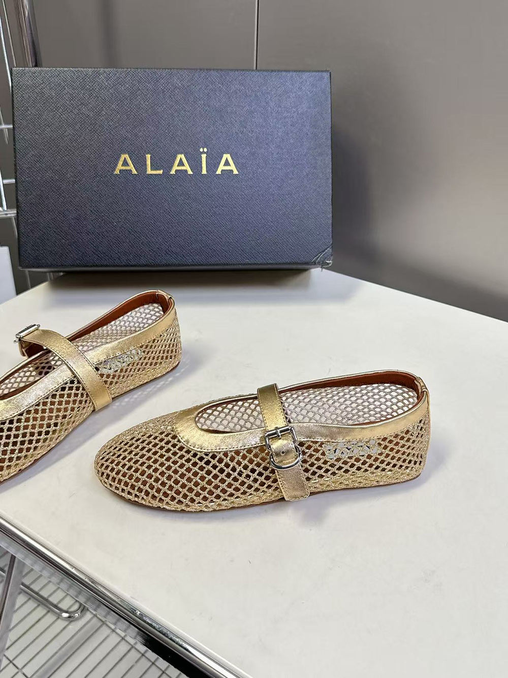 Alaia Buckle Strap Flats Fishnet Ballerina Flat Shoes