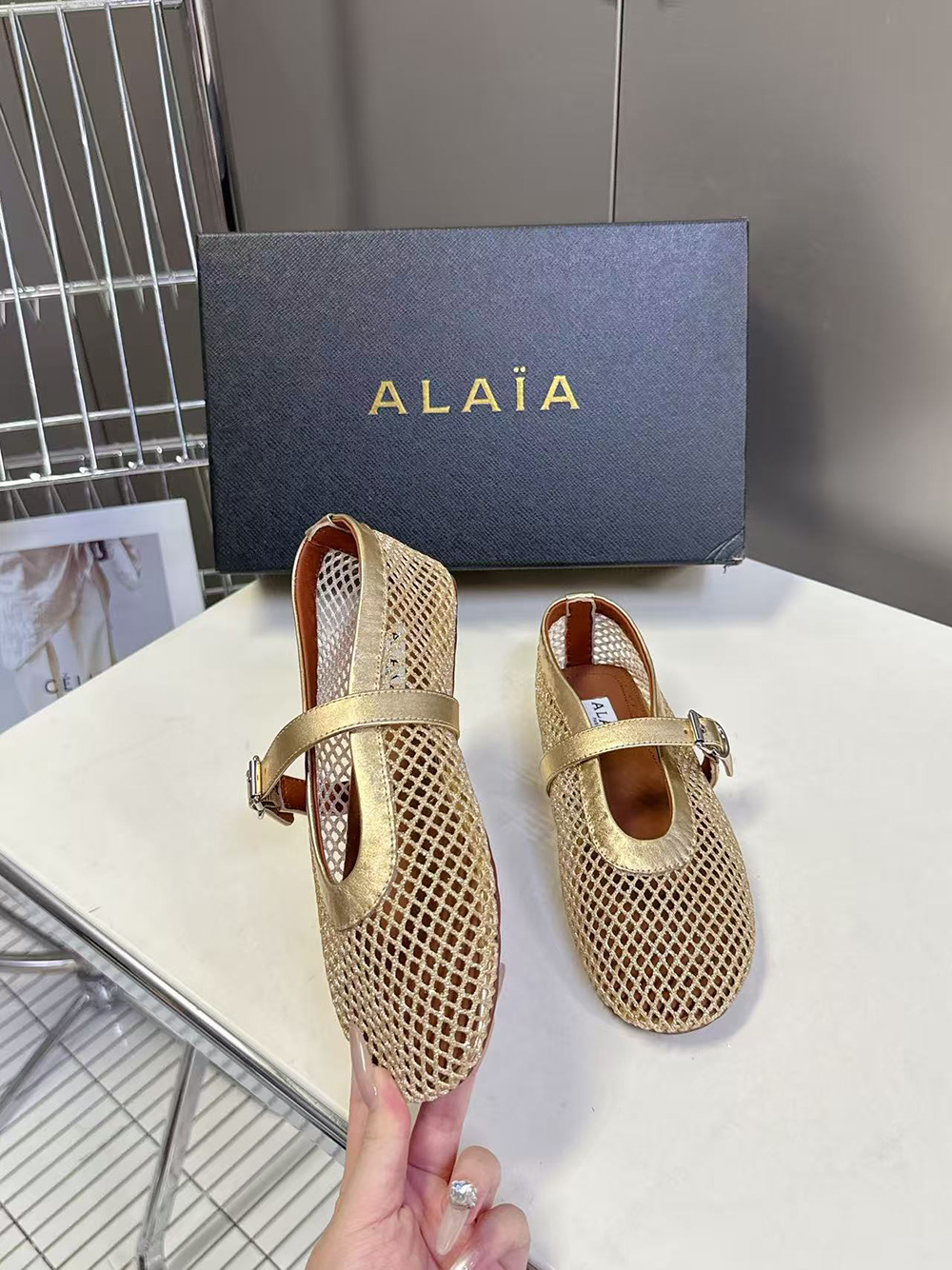 Alaia Buckle Strap Flats Fishnet Ballerina Flat Shoes