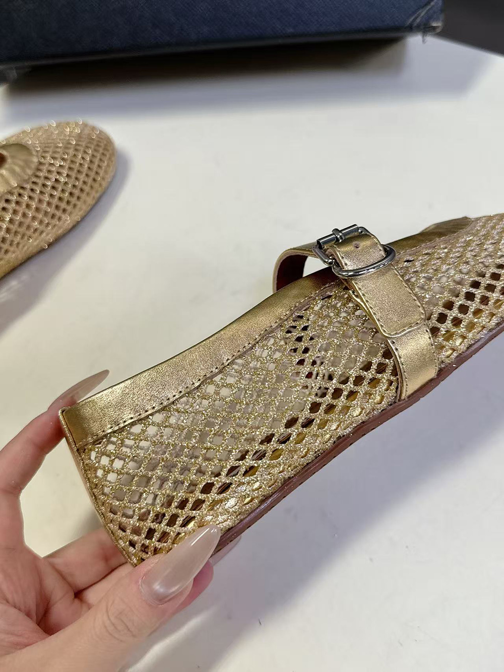 Alaia Buckle Strap Flats Fishnet Ballerina Flat Shoes