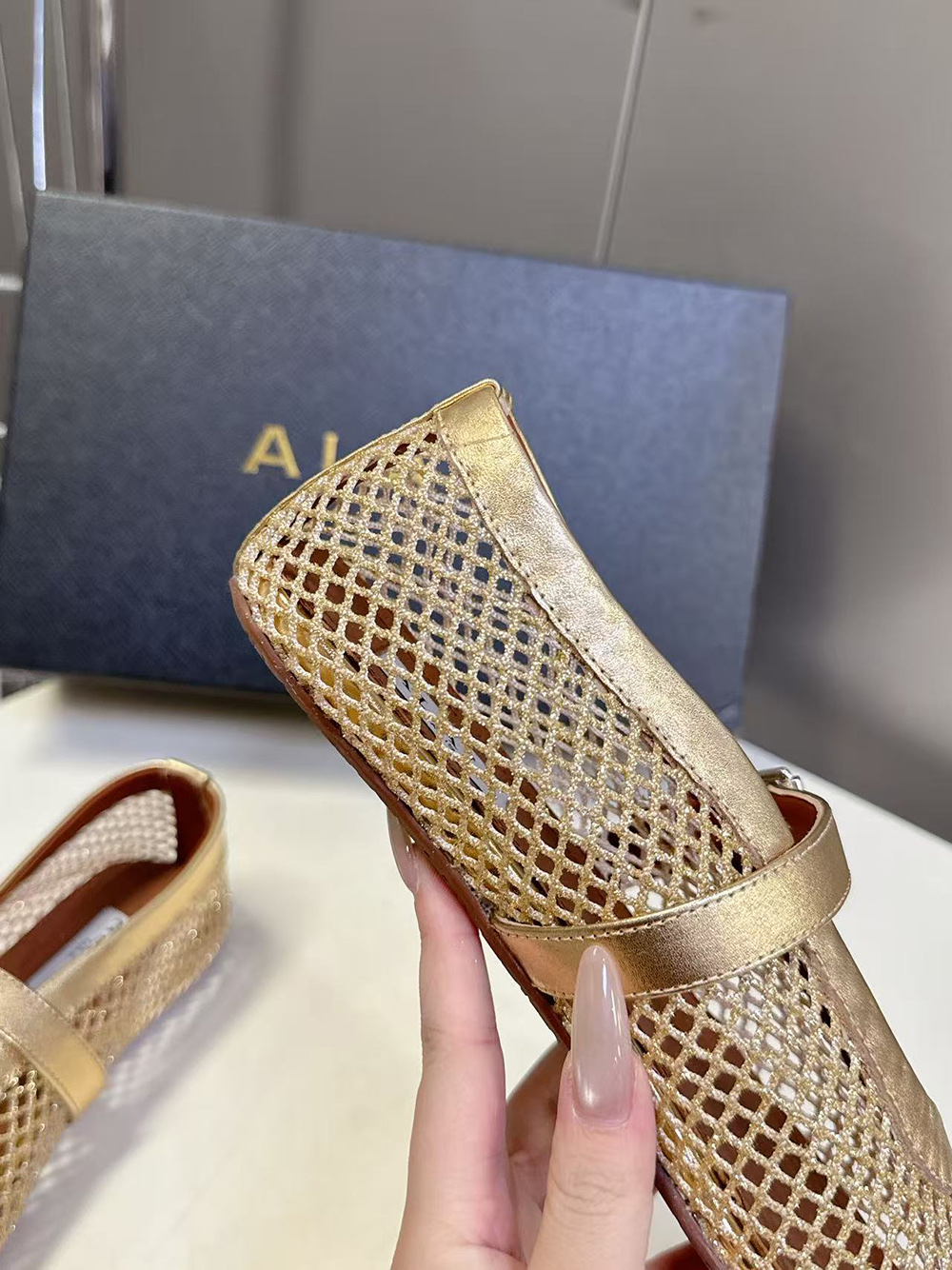 Alaia Buckle Strap Flats Fishnet Ballerina Flat Shoes