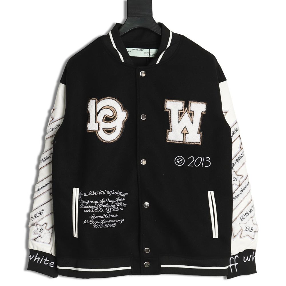 OFF WHITE leather sleeve five-pointed star baseball jacket
